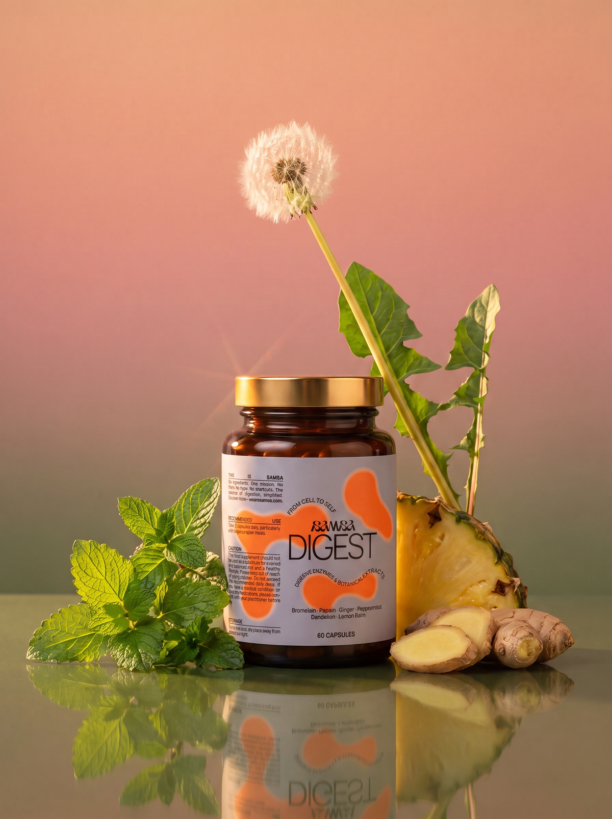 Samsa DIGEST supplement bottle, 60 vegan capsules, in warm sunset light