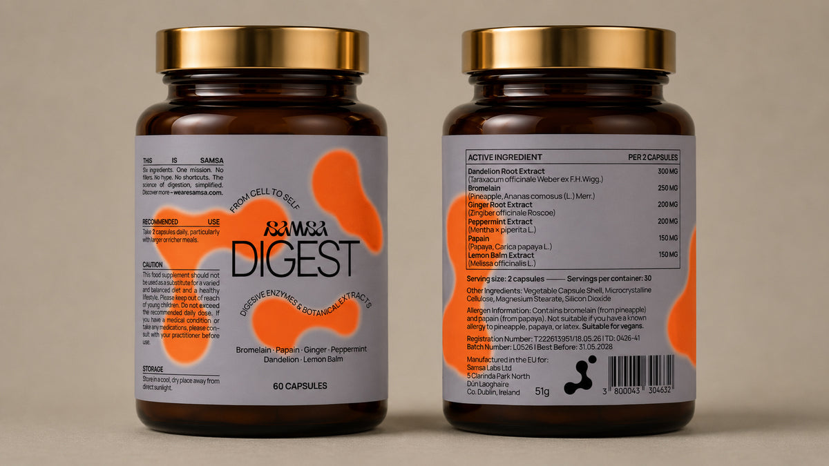 Samsa DIGEST label showing six active ingredients including bromelain, papain and ginger